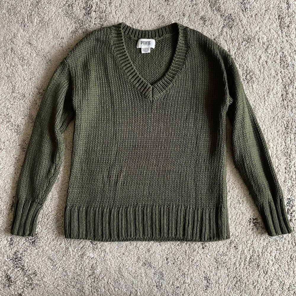 VS PINK Olive Green V Neck Boyfriend Sweater
